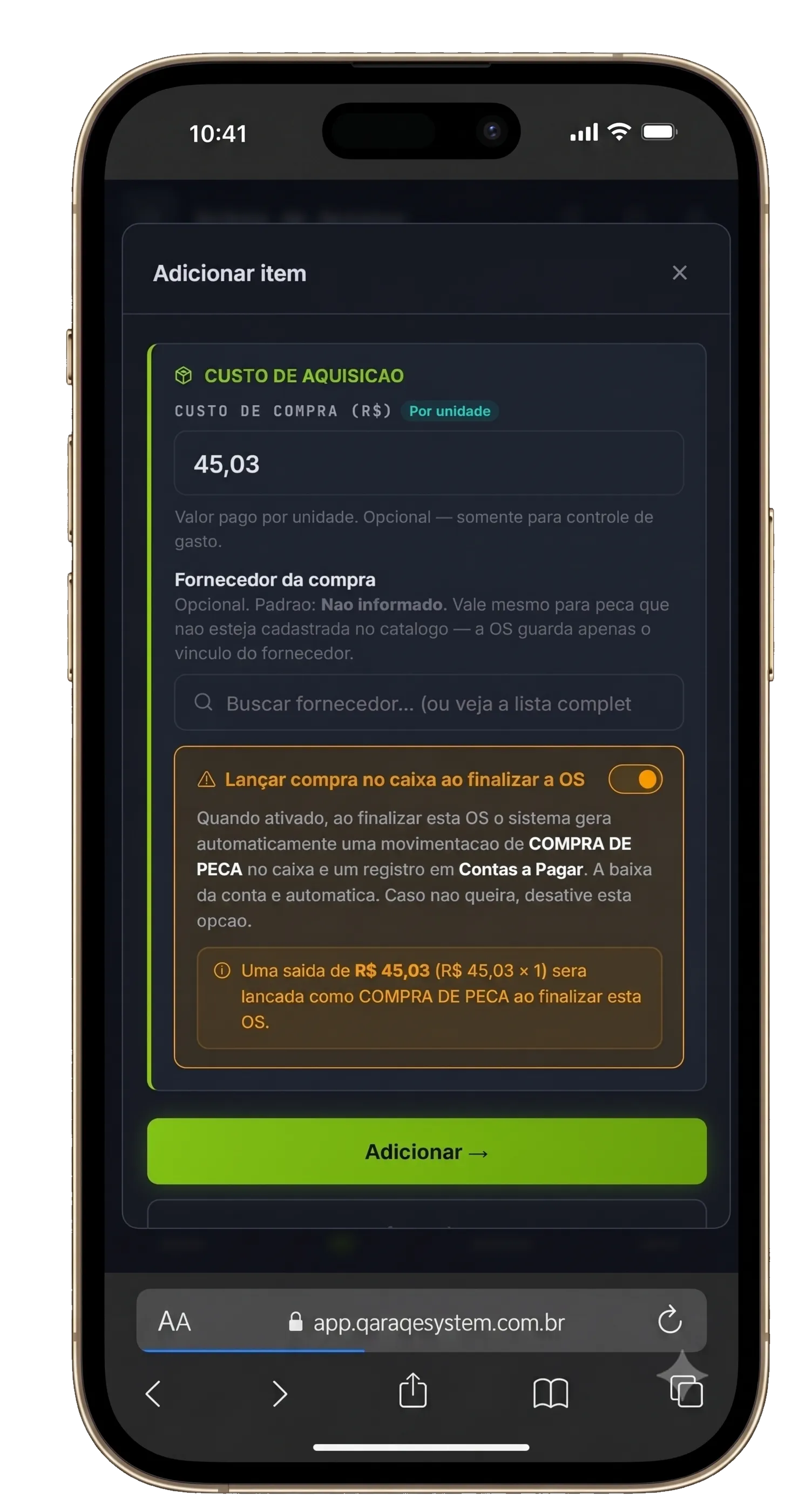 Tela real do celular lançando custo de compra de peça dentro da OS, com lançamento automático no caixa