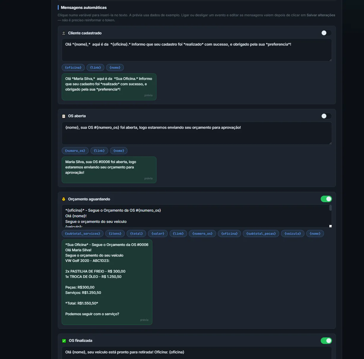 Tela real da configuração de mensagens automáticas de WhatsApp do Garage System
